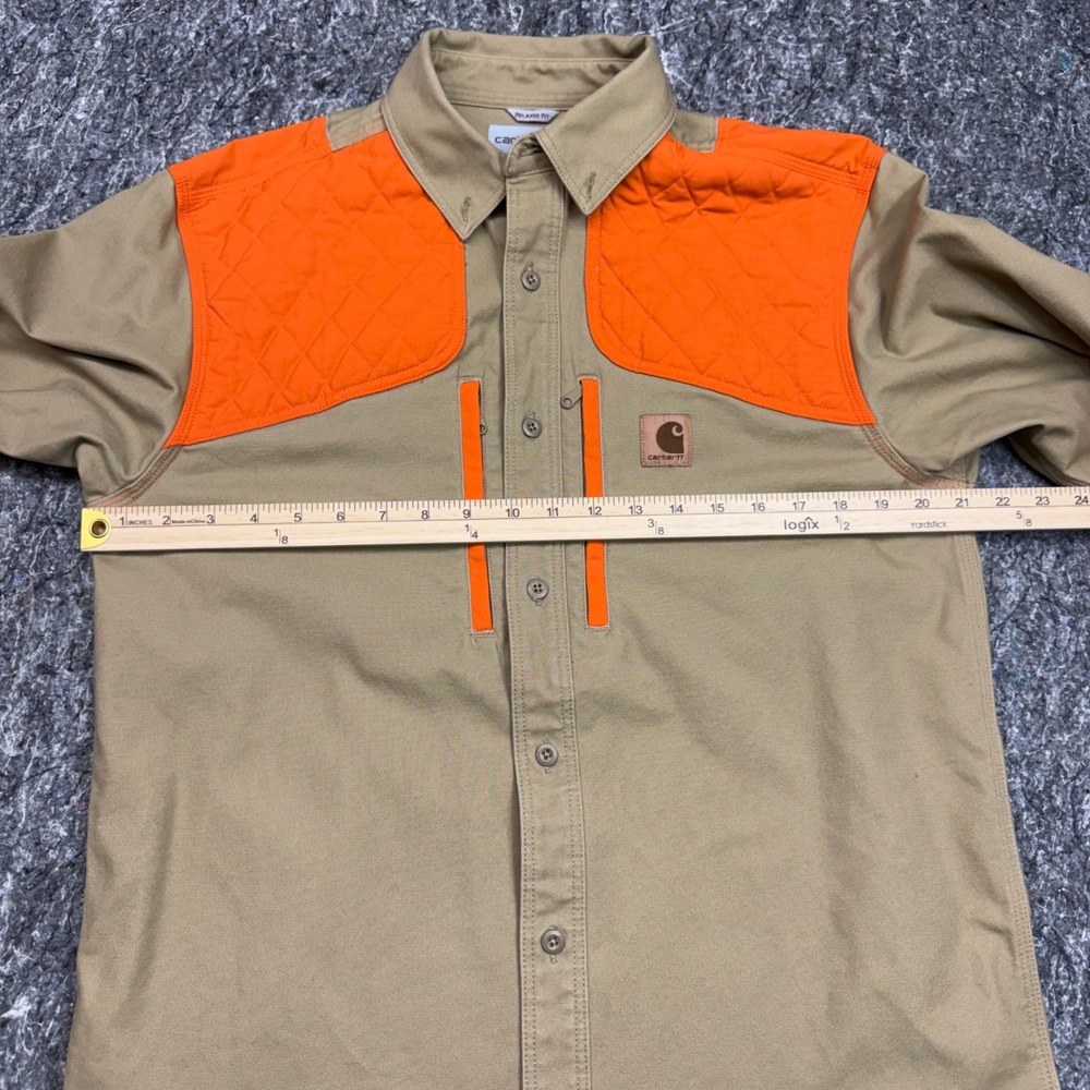 Carhartt Upland Field Shirt Mens Medium Tan Blaze Orange Hunting Shooting Top - Picture 3 of 9